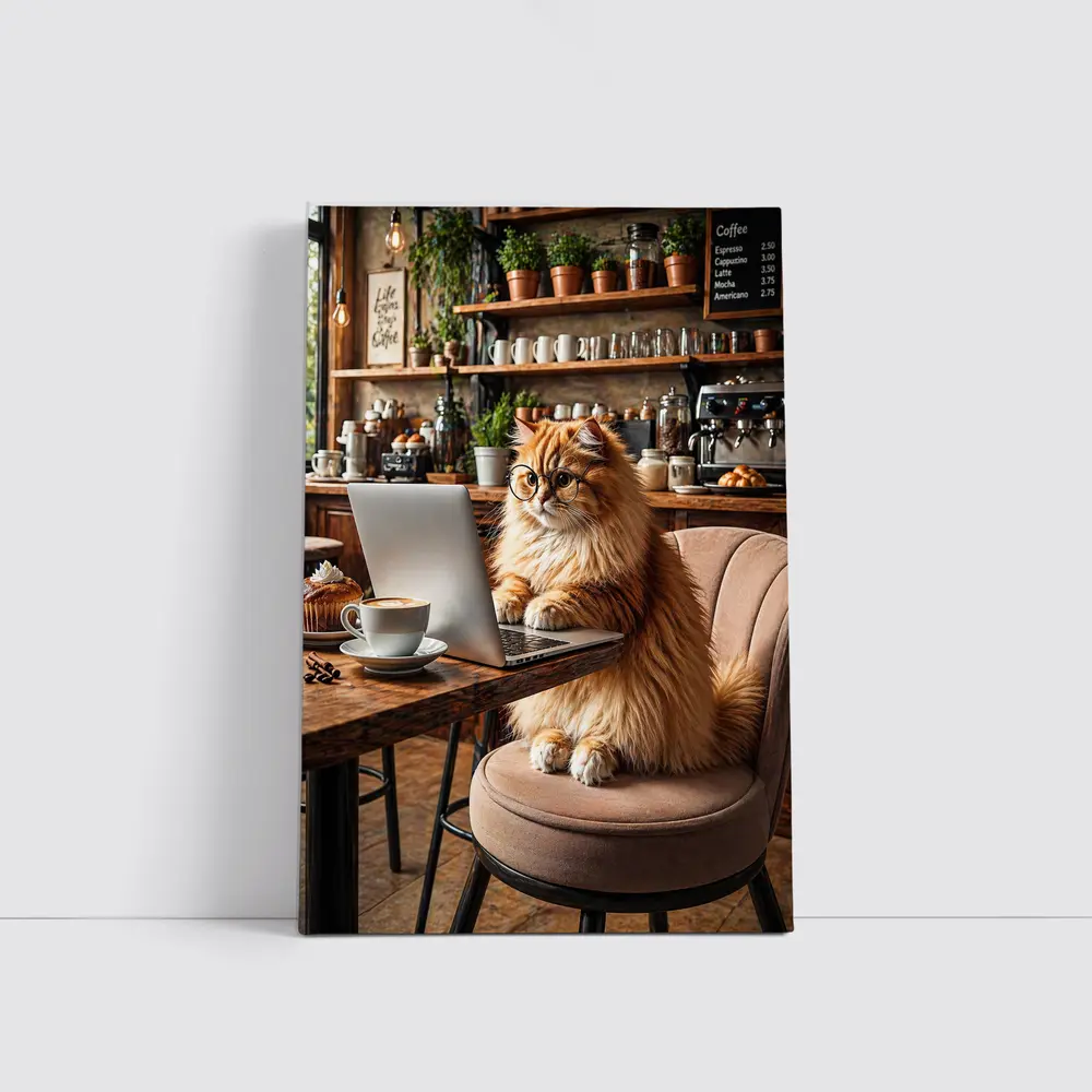 Persian Cat Working Laptop Cozy Coffee Shop – Wall Art