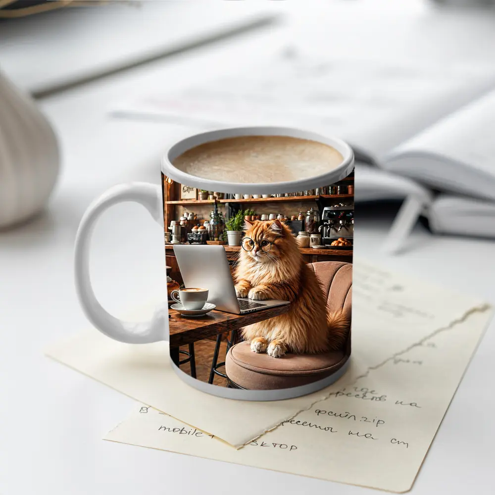 Persian Cat Working Laptop Cozy Coffee Shop – Mugs