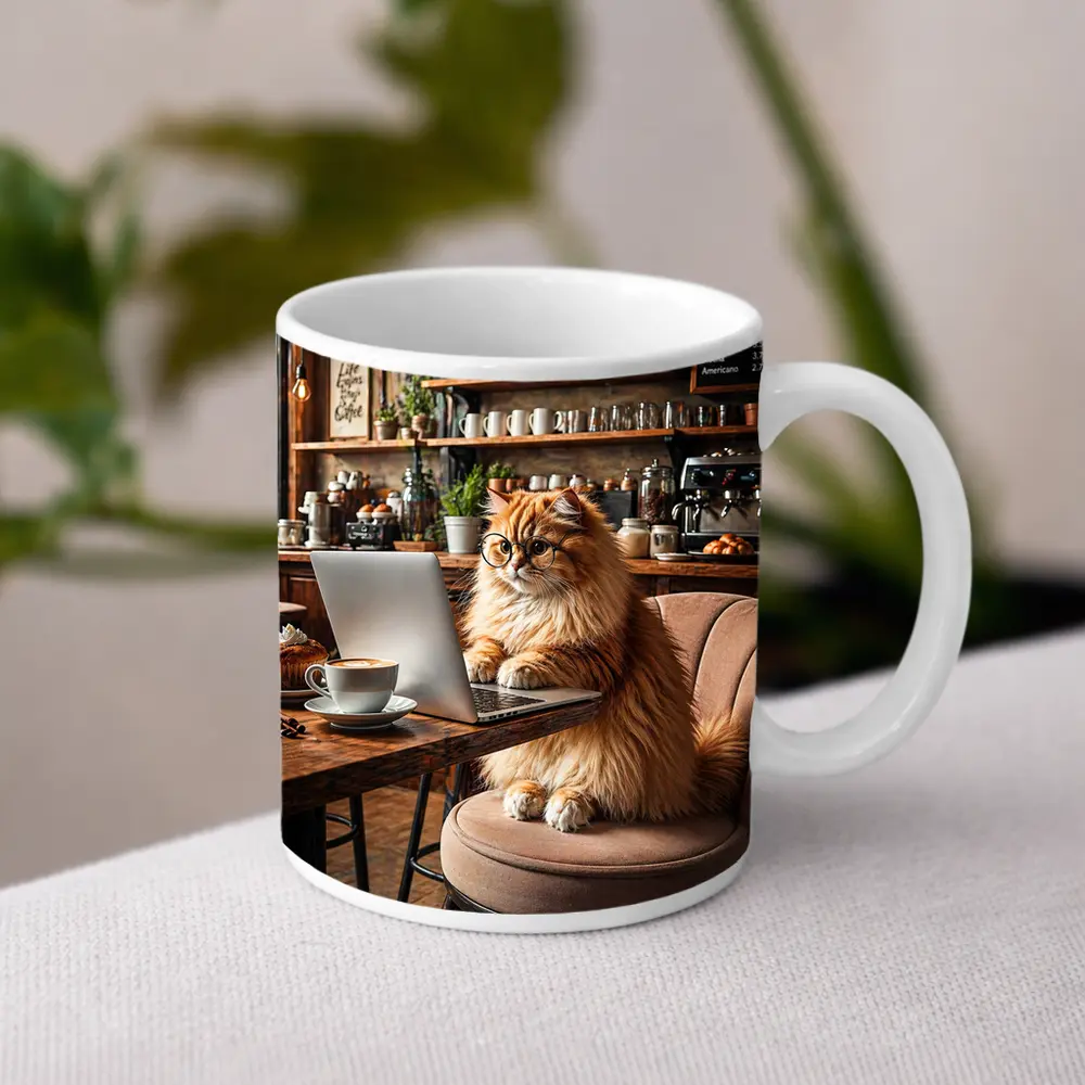 Persian Cat Working Laptop Cozy Coffee Shop – Mugs
