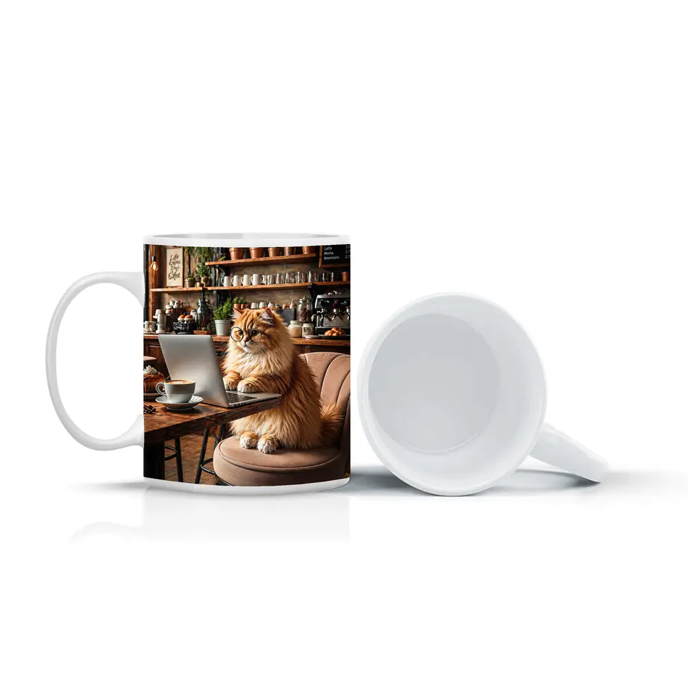 Persian Cat Working Laptop Cozy Coffee Shop – Mugs