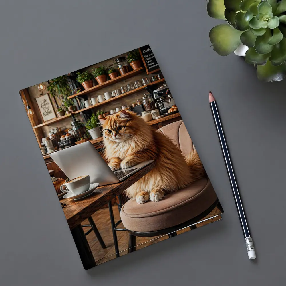 Persian Cat Working Laptop Cozy Coffee Shop – Notebooks