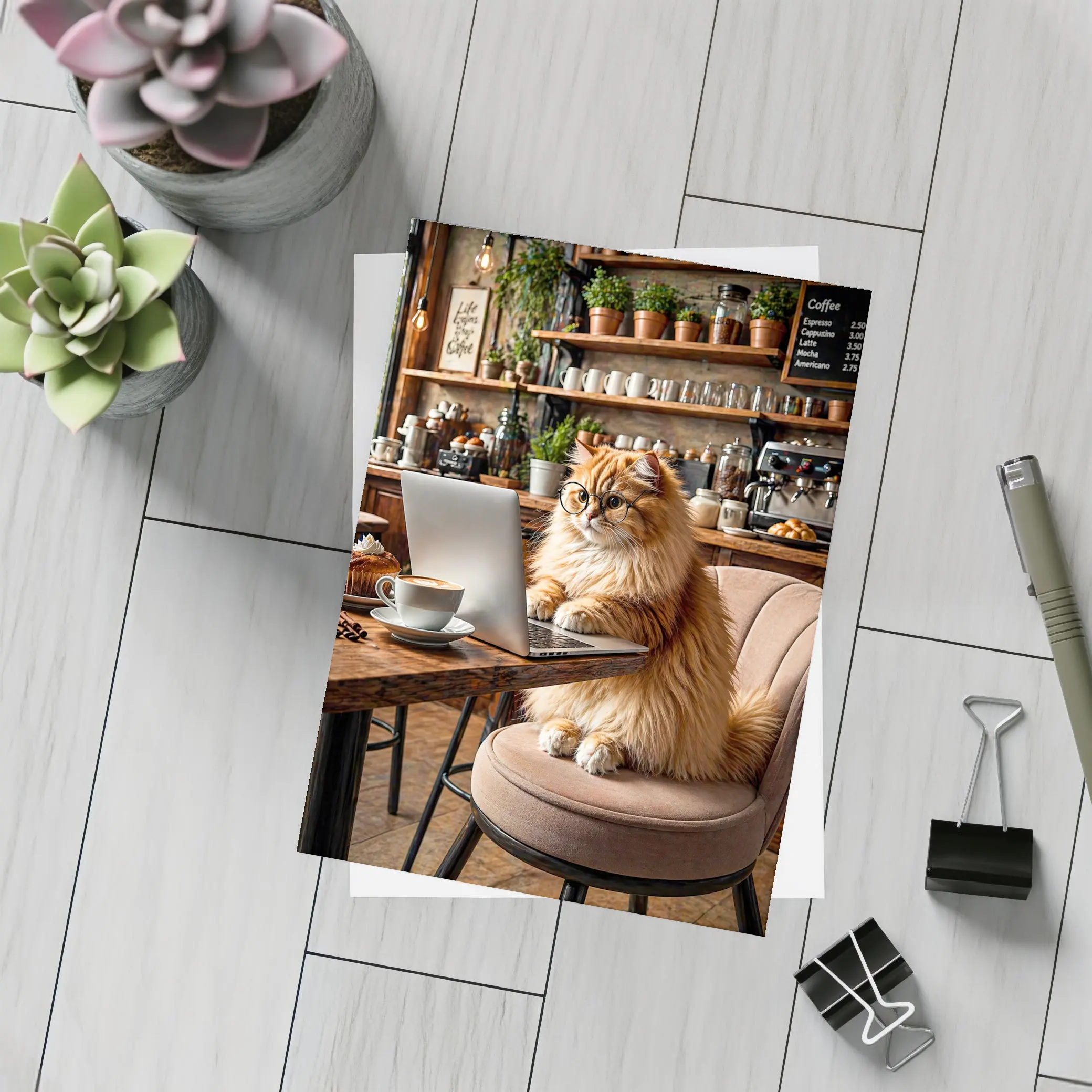 Persian Cat Working Laptop Cozy Coffee Shop – Postcards