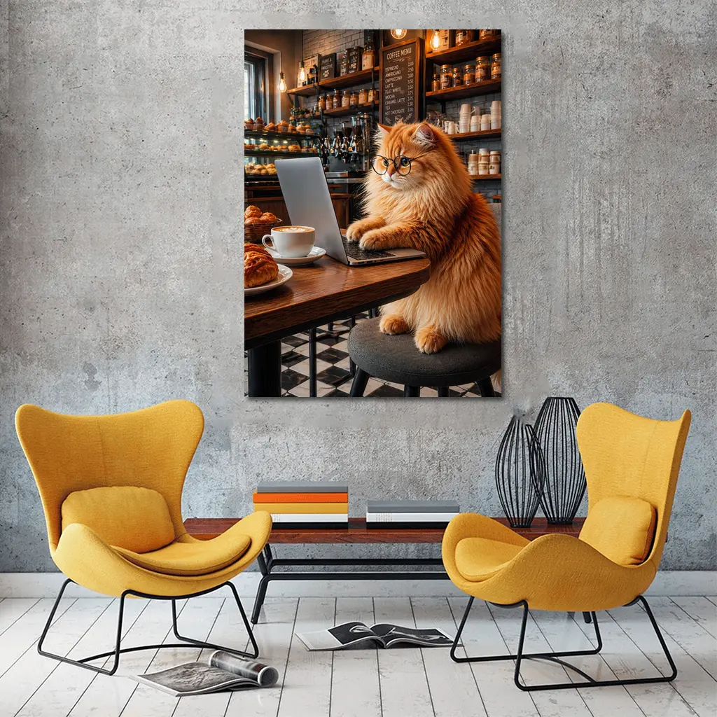 Persian Cat Working Laptop Cozy Coffee Shop – Wall Art