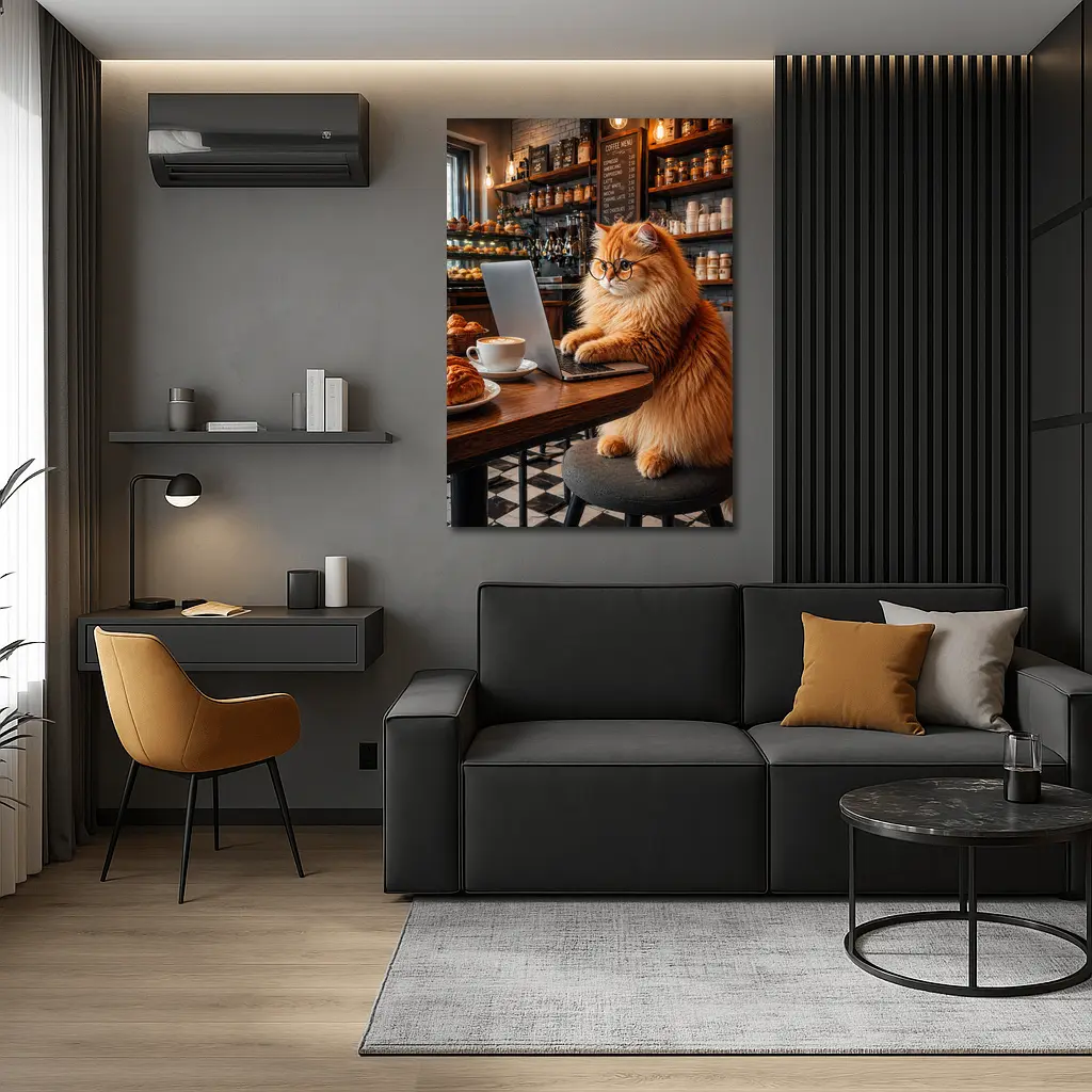 Persian Cat Working Laptop Cozy Coffee Shop – Wall Art