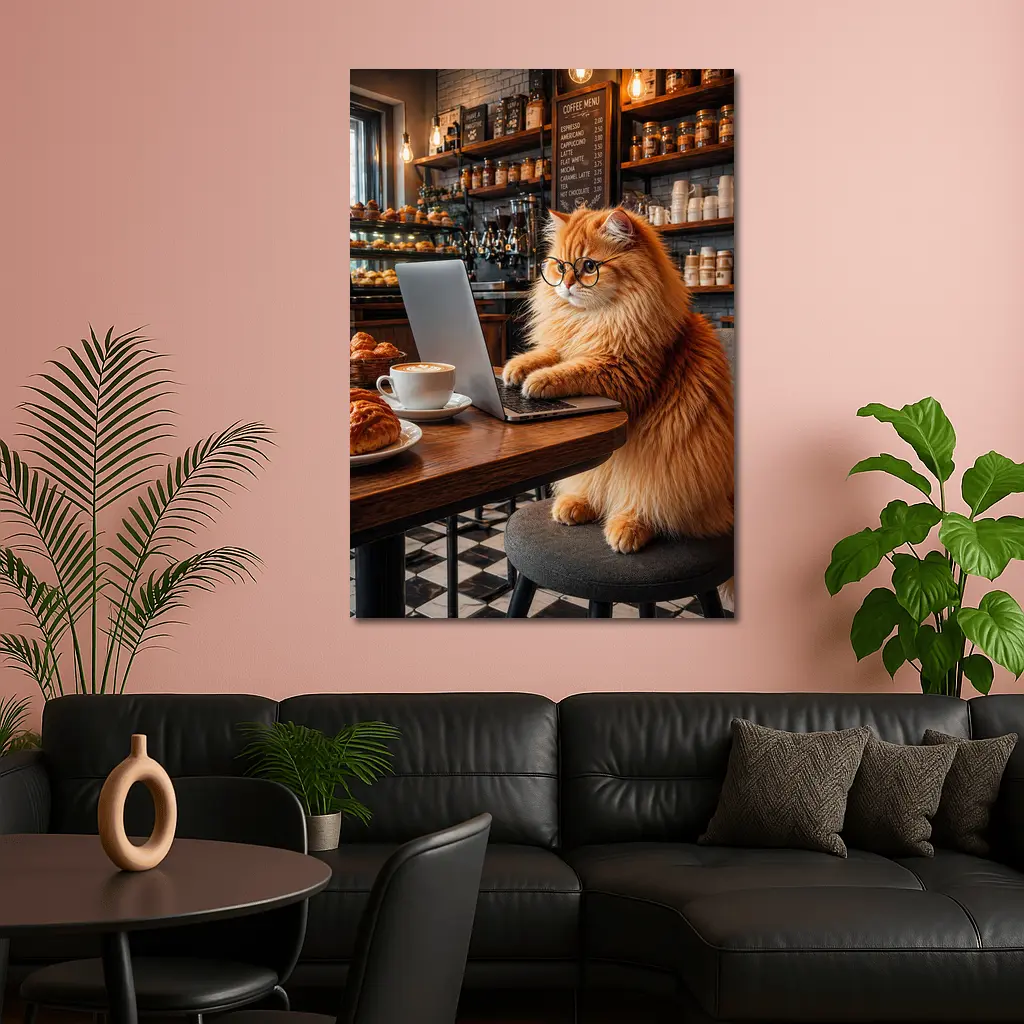 Persian Cat Working Laptop Cozy Coffee Shop – Wall Art