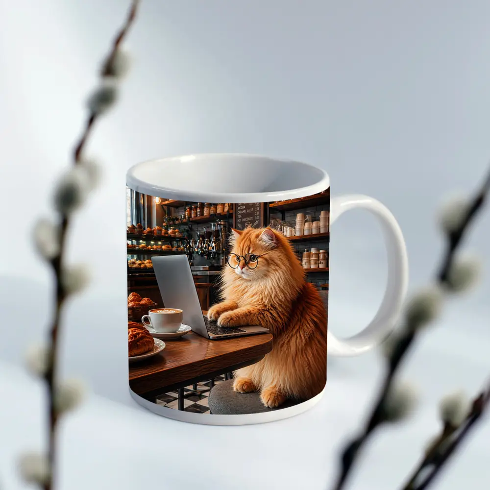 Persian Cat Working Laptop Cozy Coffee Shop – Mugs
