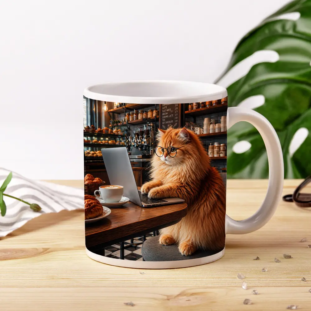 Persian Cat Working Laptop Cozy Coffee Shop – Mugs