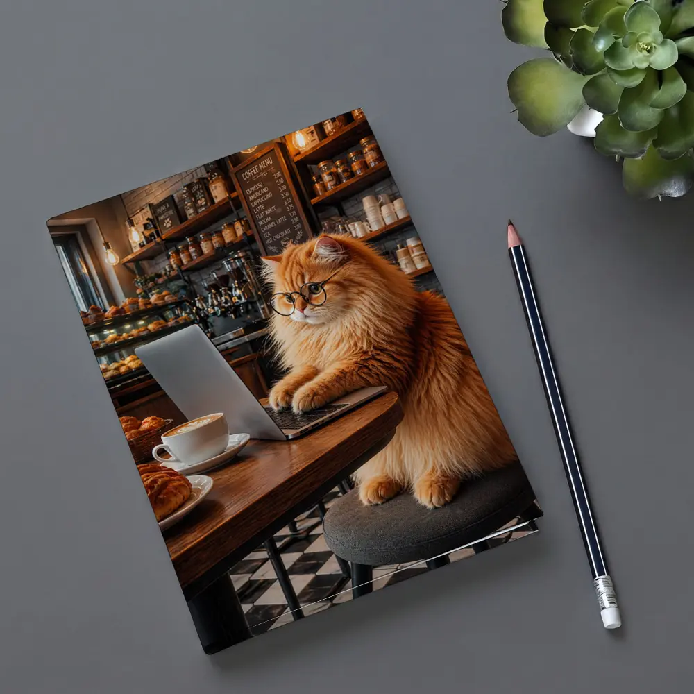 Persian Cat Working Laptop Cozy Coffee Shop – Notebooks