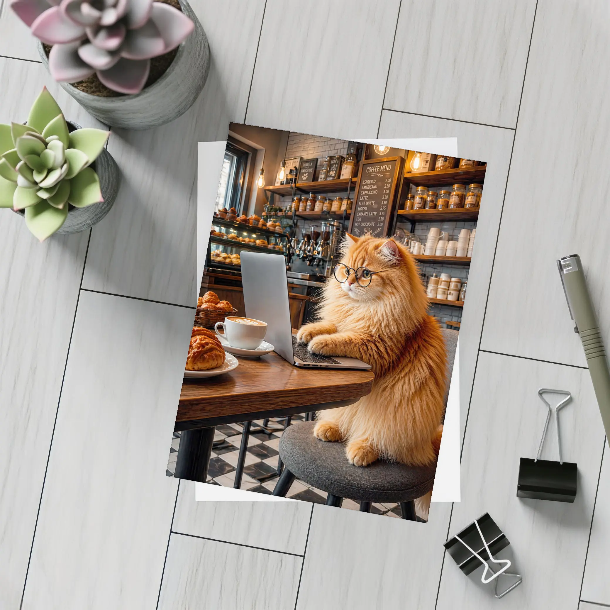 Persian Cat Working Laptop Cozy Coffee Shop – Postcards