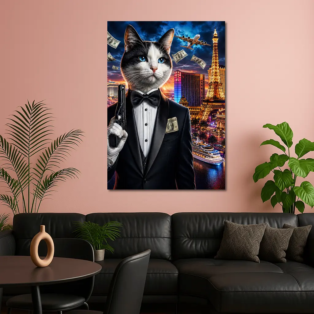 Tuxedo Cat Secret Agent Las Vegas Night – Wall Art
