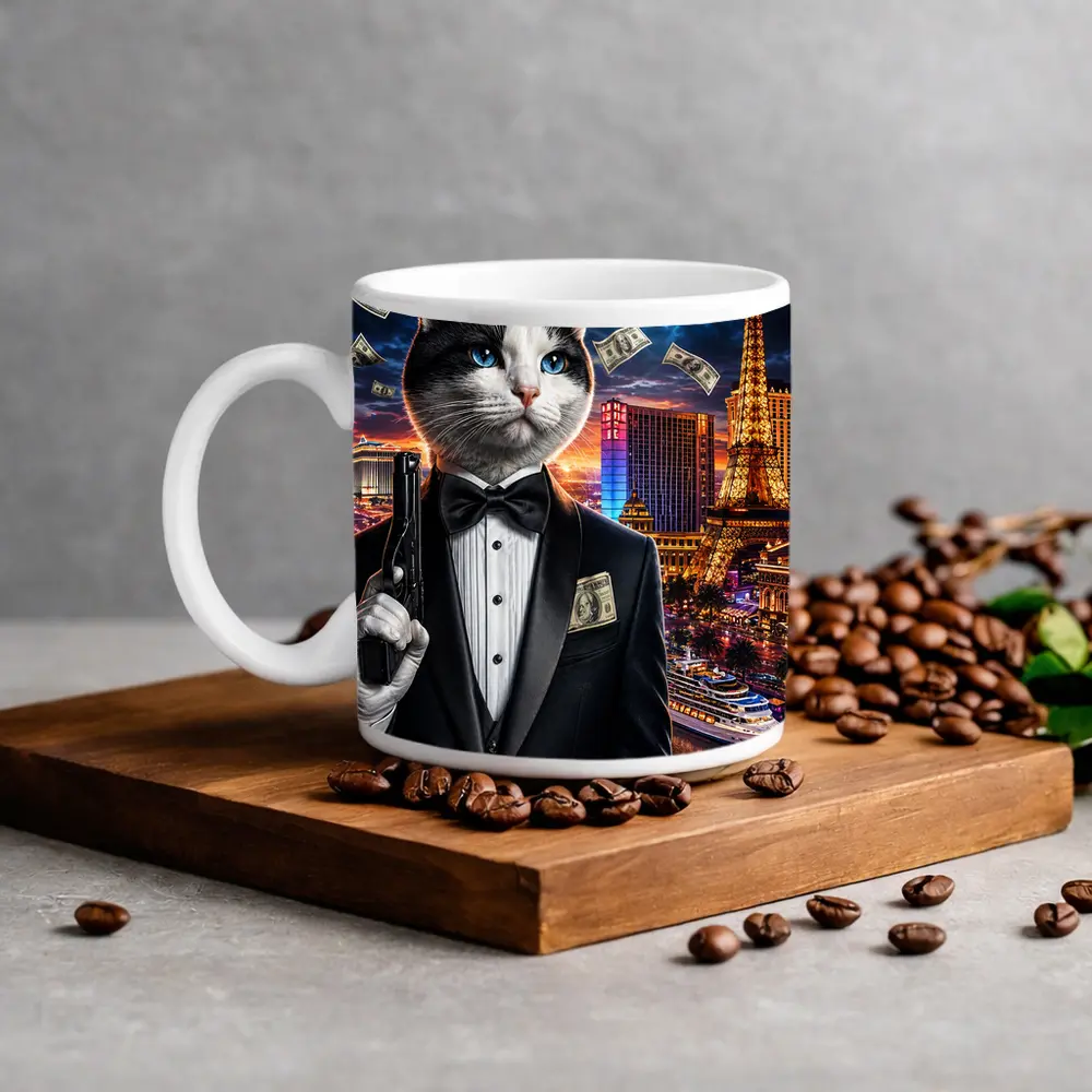 Tuxedo Cat Secret Agent Las Vegas Night – Mugs