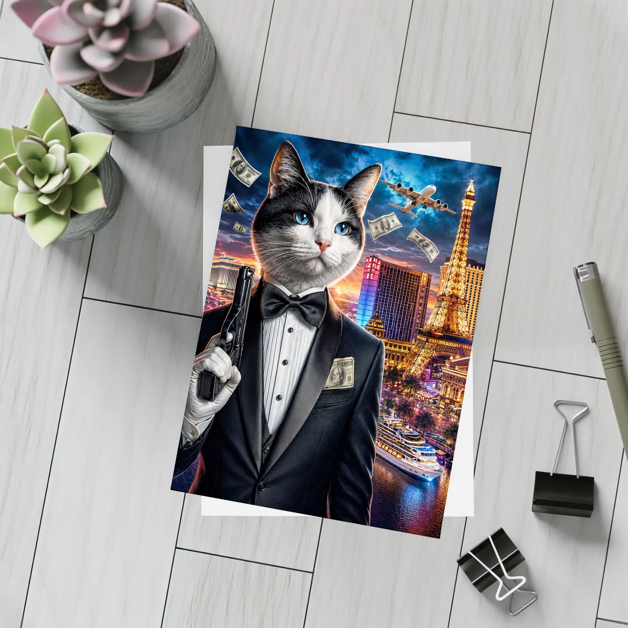Tuxedo Cat Secret Agent Las Vegas Night – Postcards
