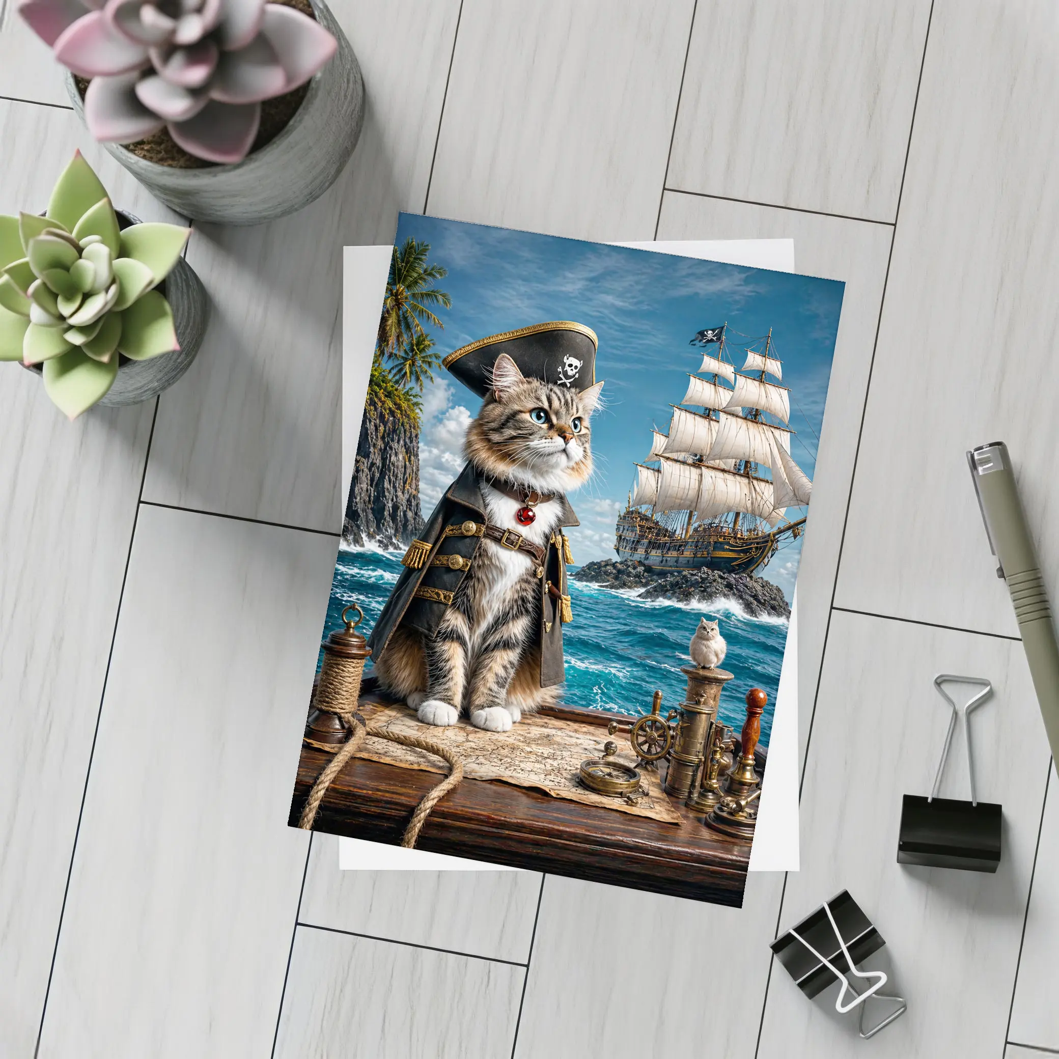 Pirate Cat Captain Ship Ocean Adventure Art – Postcards