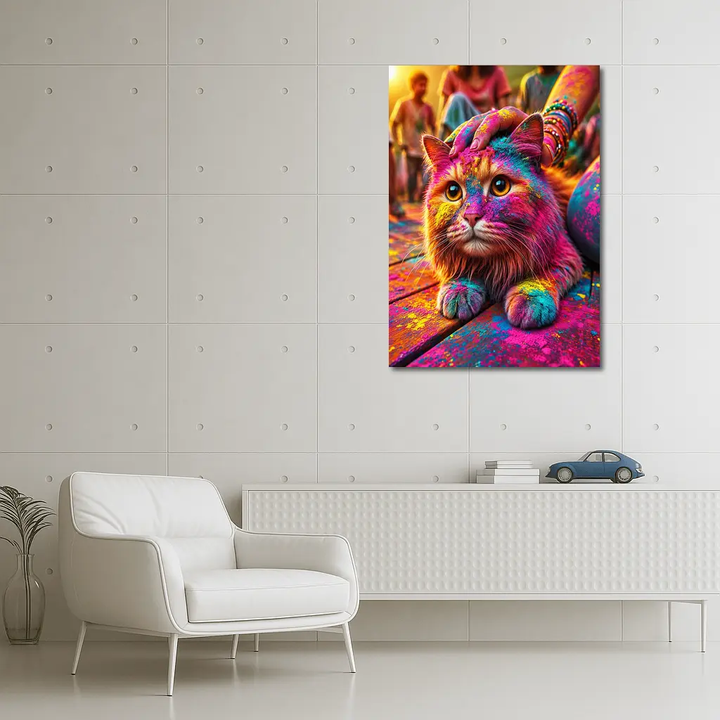 Colorful Cat Covered in Holi Festival Powder – Wall Art