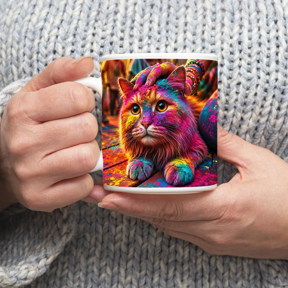 Colorful Cat Covered in Holi Festival Powder – Mugs