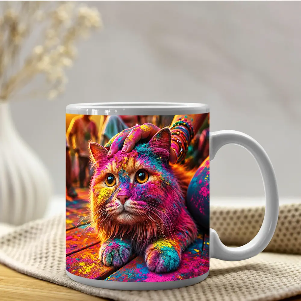 Colorful Cat Covered in Holi Festival Powder – Mugs