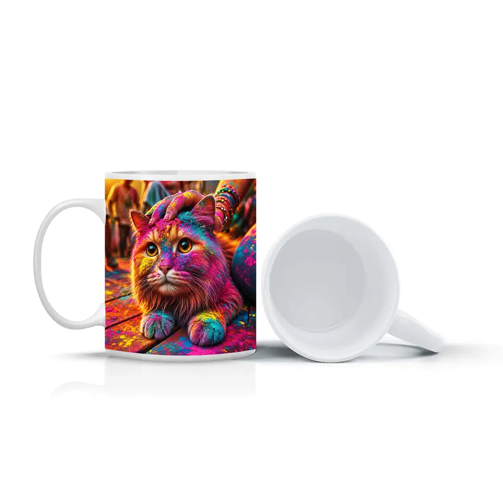 Colorful Cat Covered in Holi Festival Powder – Mugs