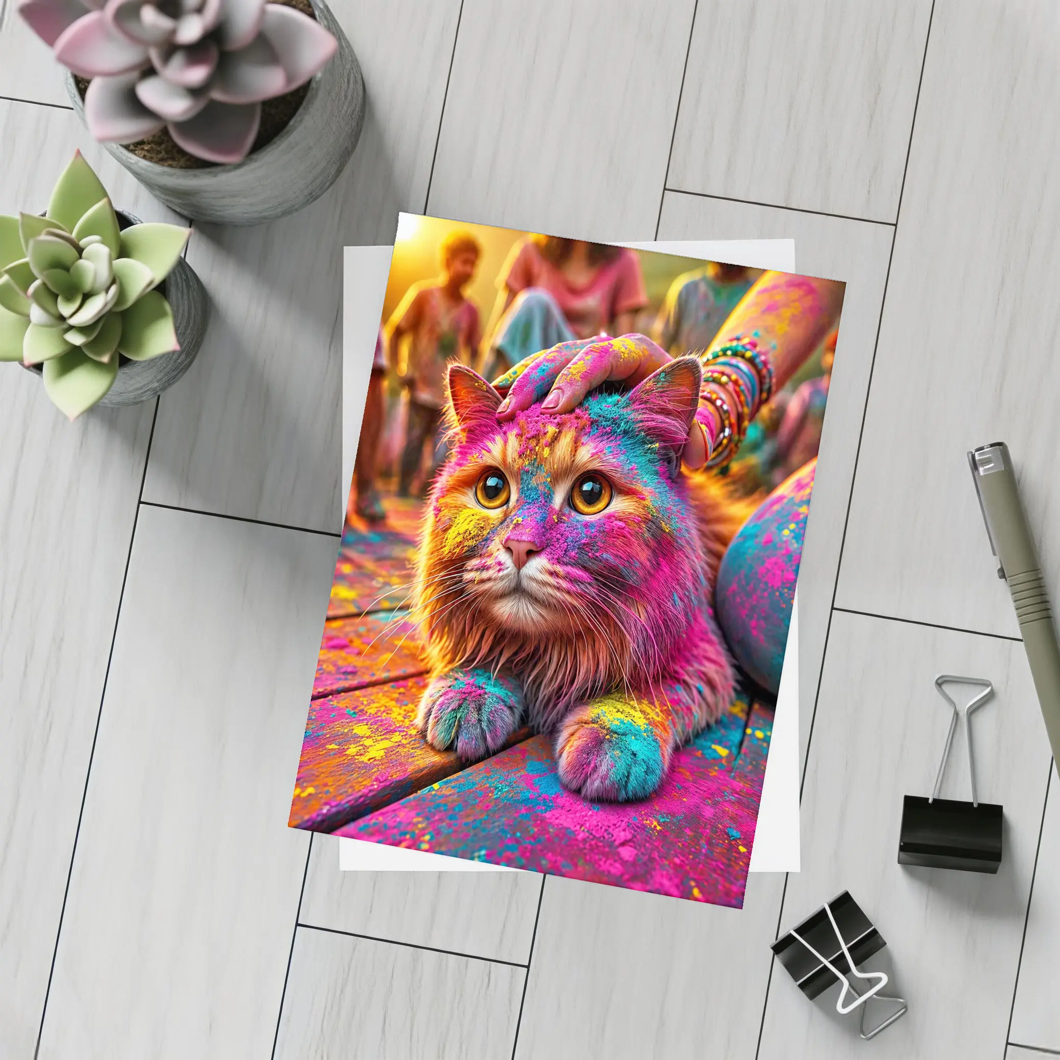 Colorful Cat Covered in Holi Festival Powder – Postcards