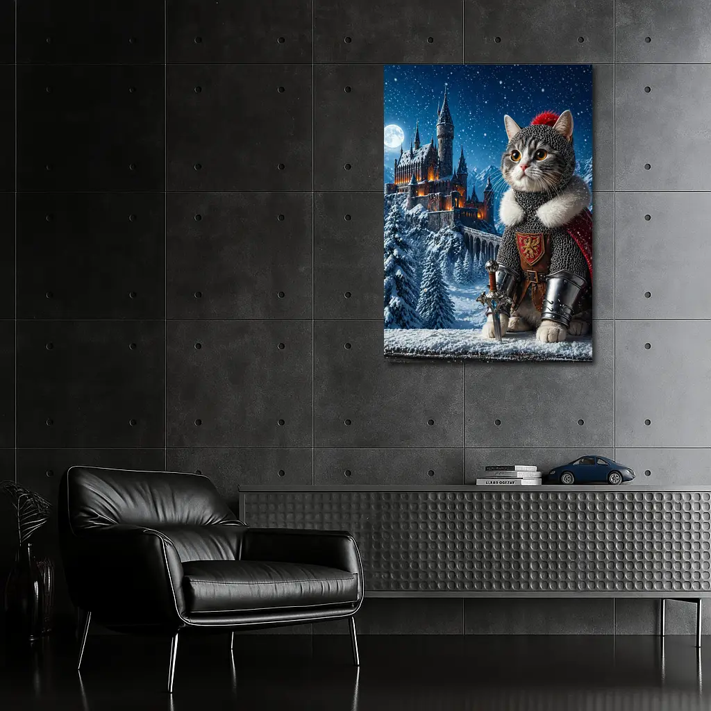 Knight Cat in Snowy Fantasy Castle – Wall Art