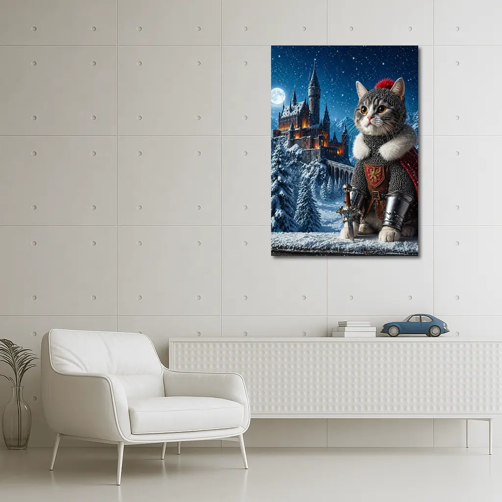 Knight Cat in Snowy Fantasy Castle – Wall Art