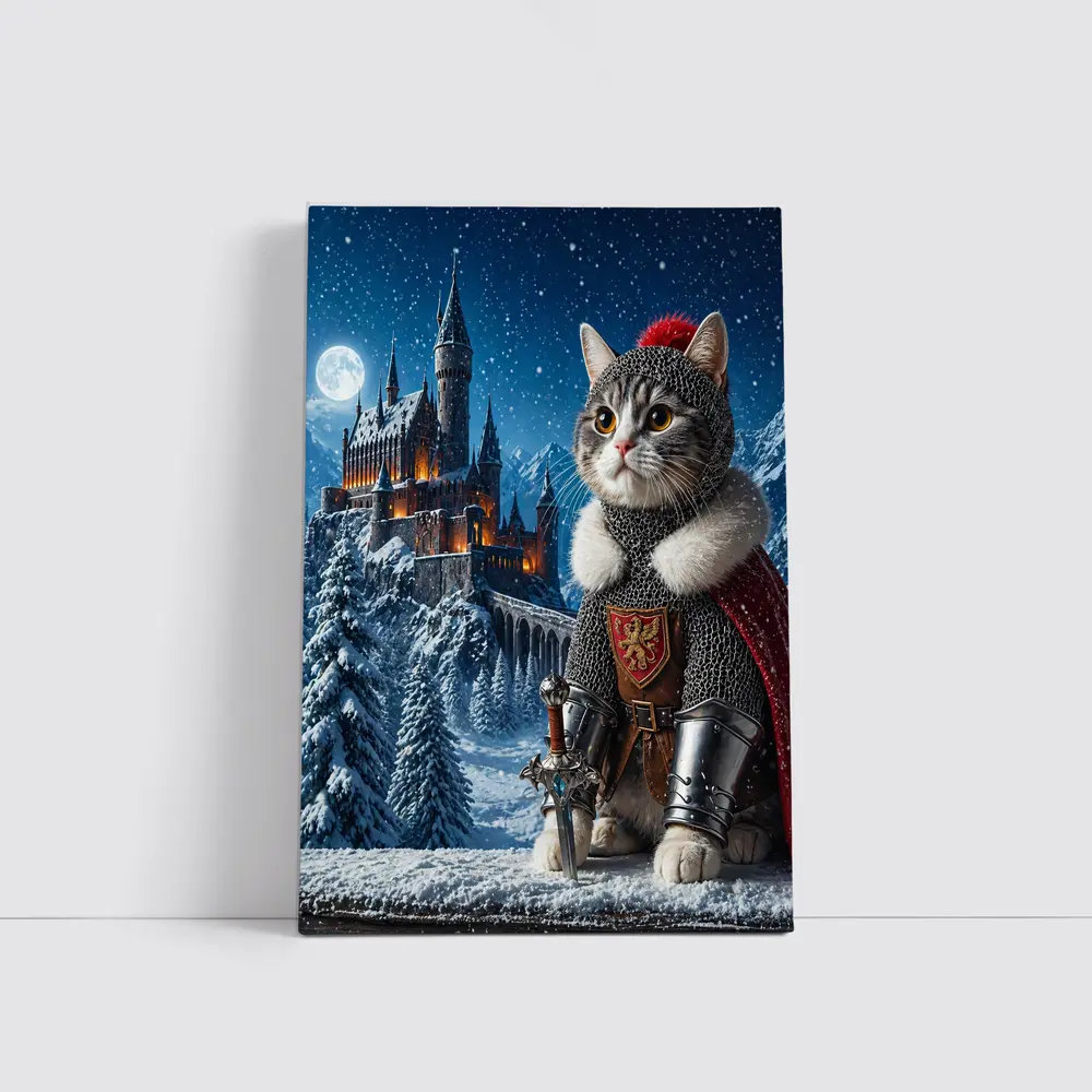 Knight Cat in Snowy Fantasy Castle – Wall Art