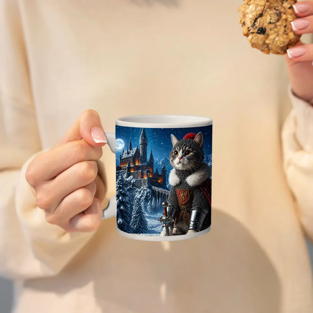 Knight Cat in Snowy Fantasy Castle – Mugs
