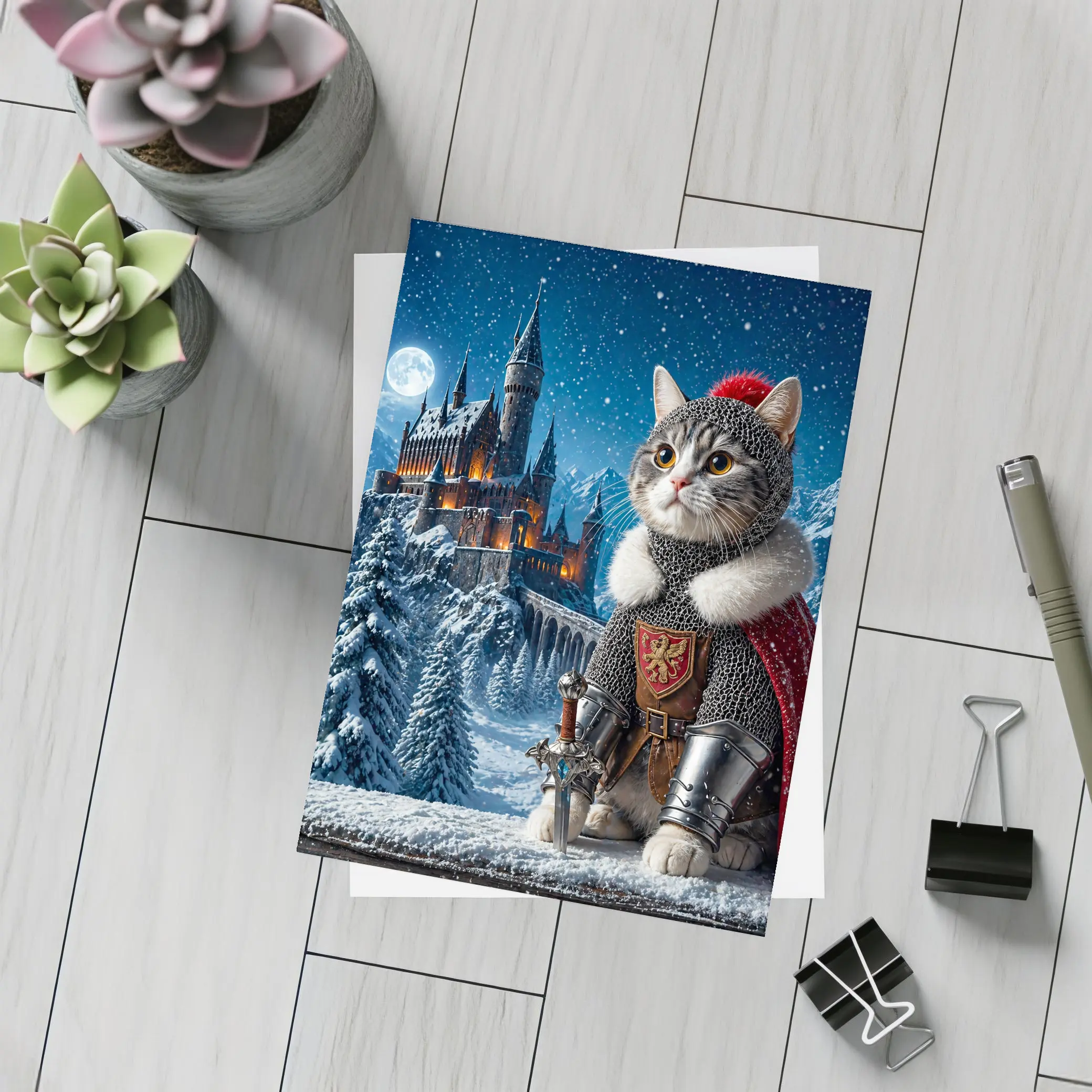 Knight Cat in Snowy Fantasy Castle – Postcards