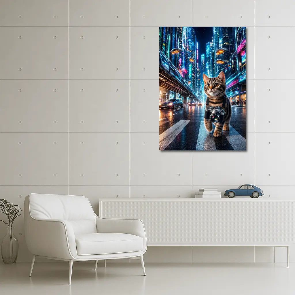 Kitten Photographer Walking Futuristic Neon City – Wall Art