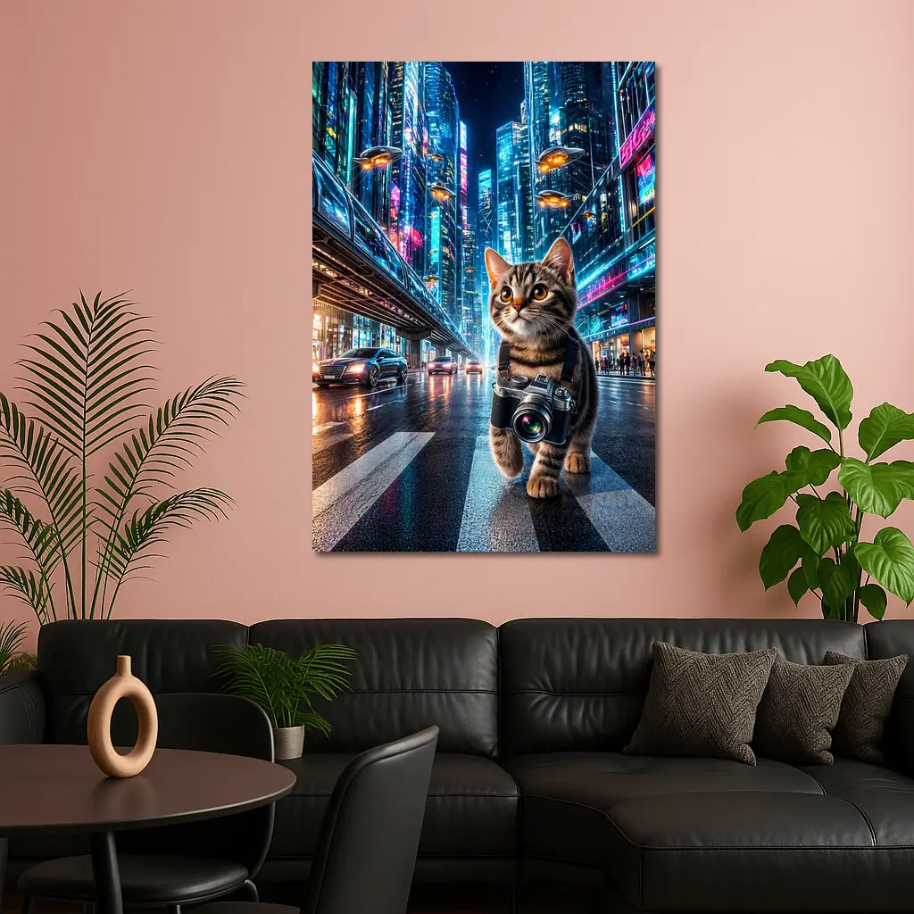 Kitten Photographer Walking Futuristic Neon City – Wall Art