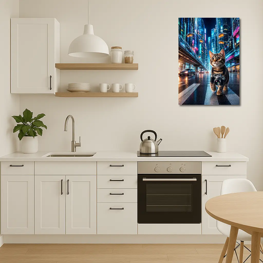 Kitten Photographer Walking Futuristic Neon City – Wall Art