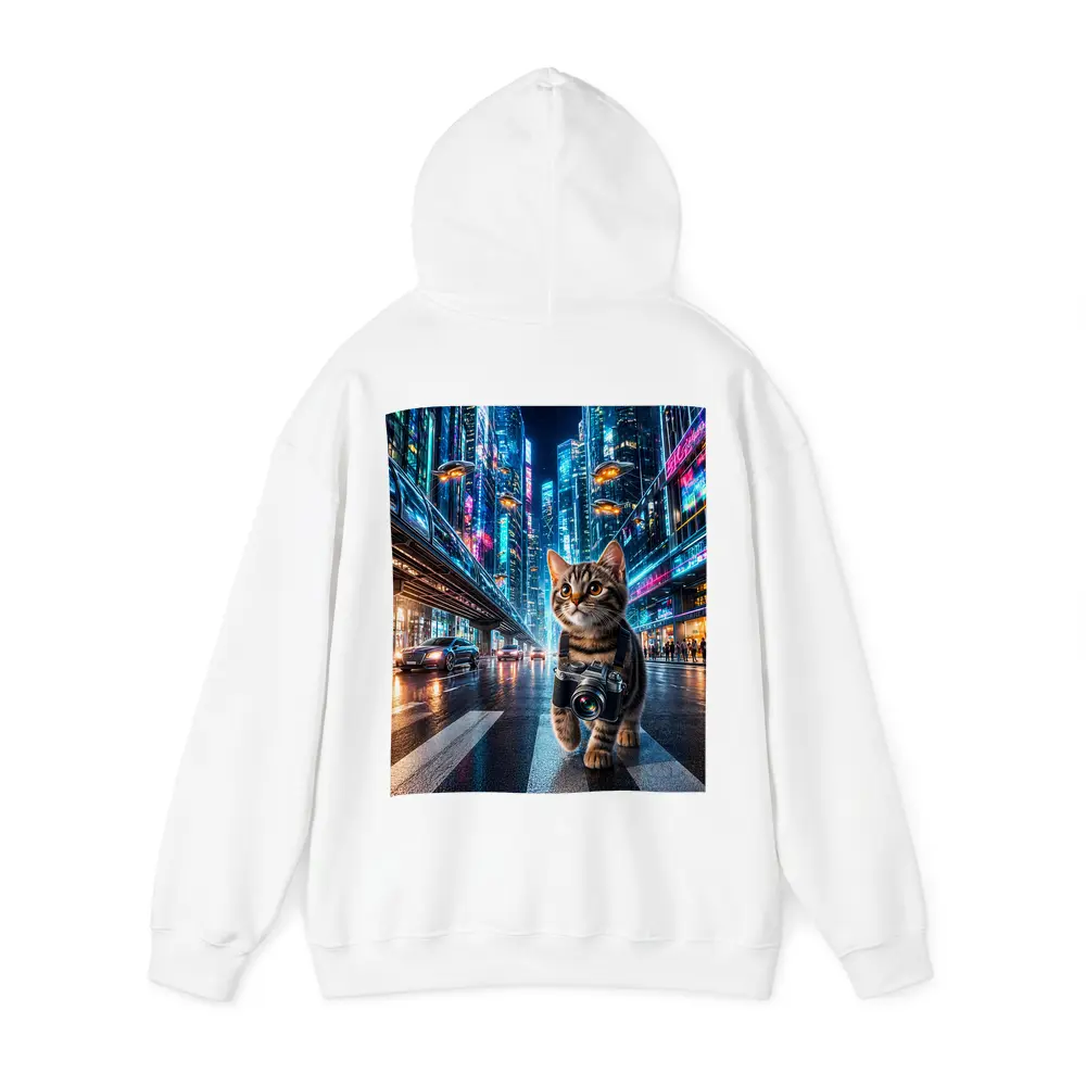 Kitten Photographer Walking Futuristic Neon City – Hoodies