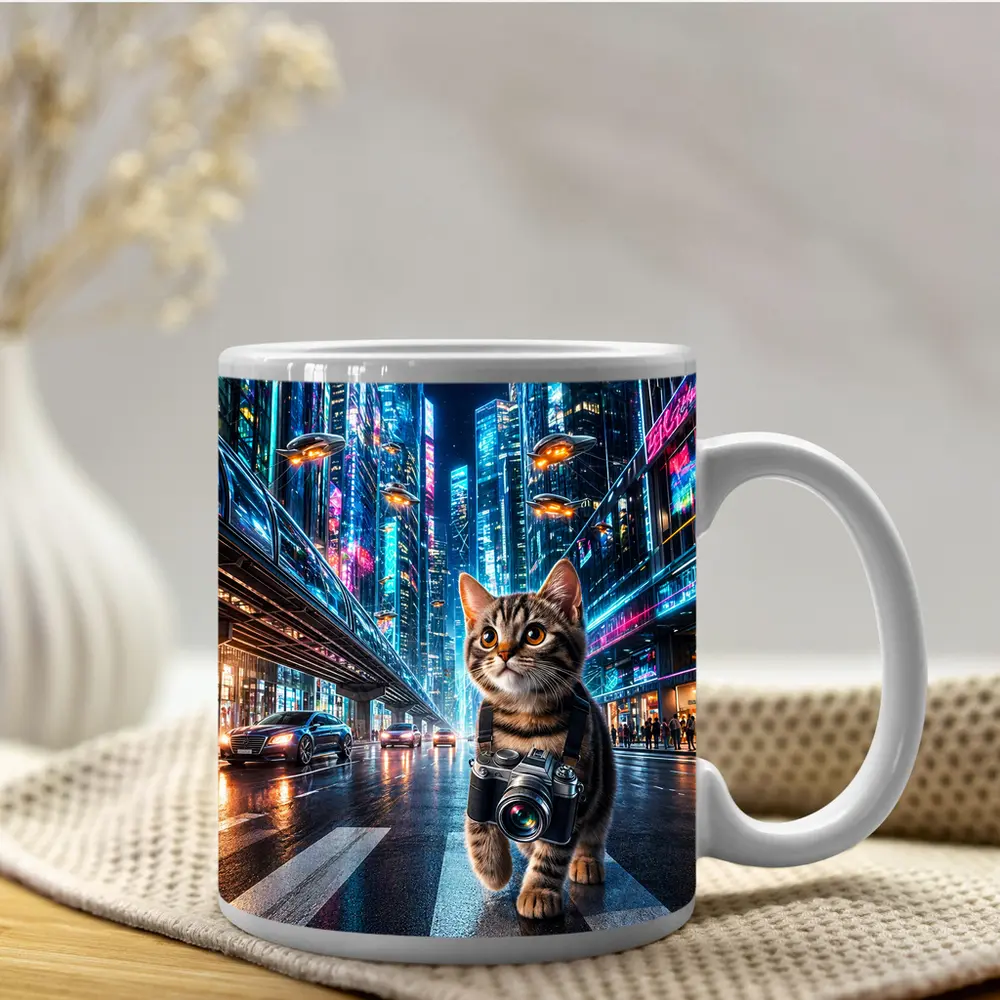 Kitten Photographer Walking Futuristic Neon City – Mugs
