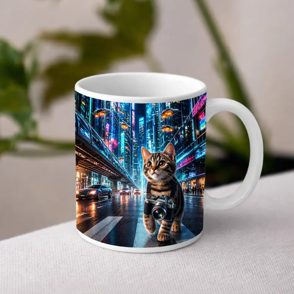 Kitten Photographer Walking Futuristic Neon City – Mugs