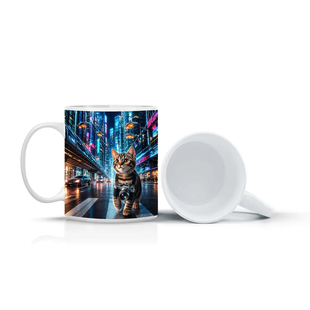 Kitten Photographer Walking Futuristic Neon City – Mugs