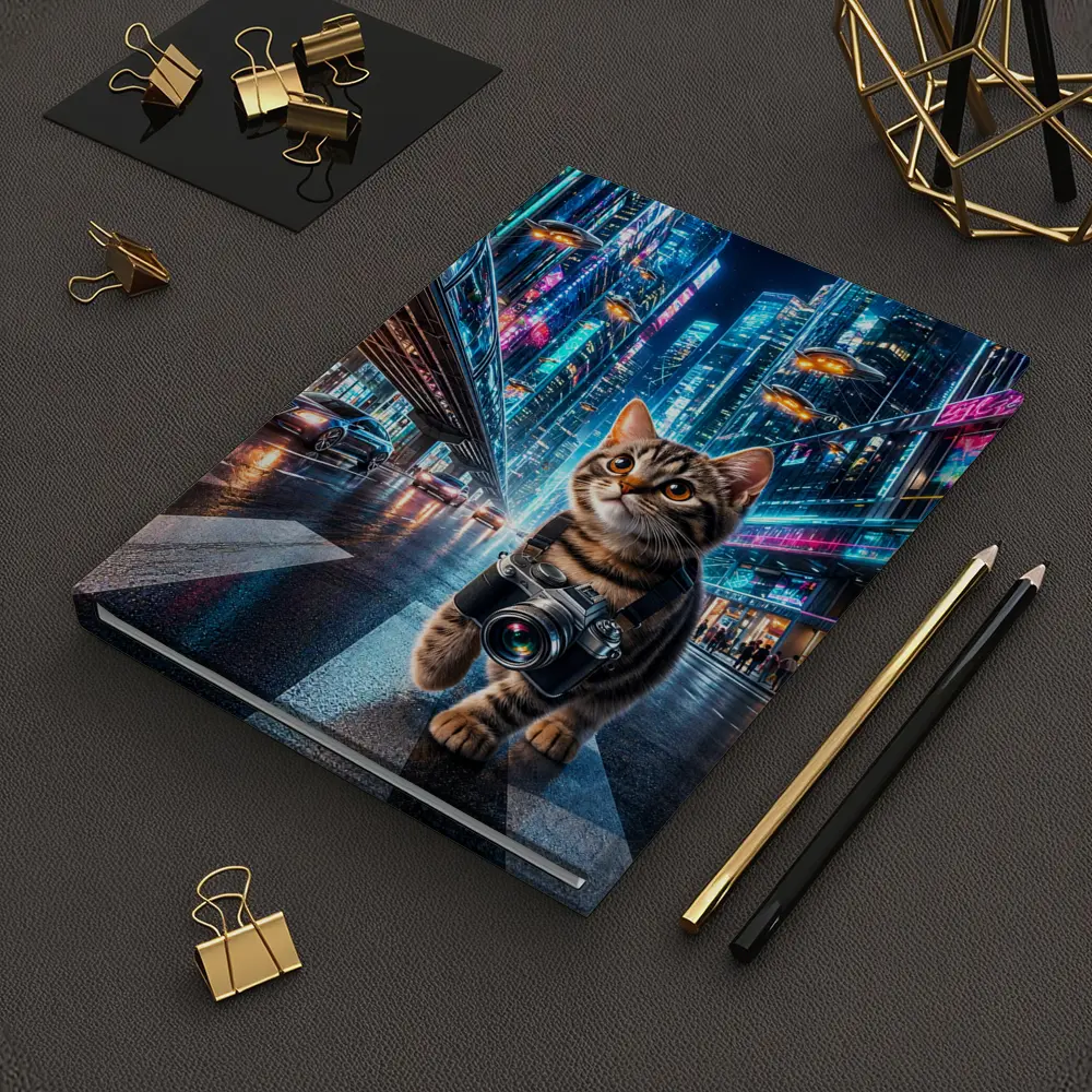 Kitten Photographer Walking Futuristic Neon City – Notebooks