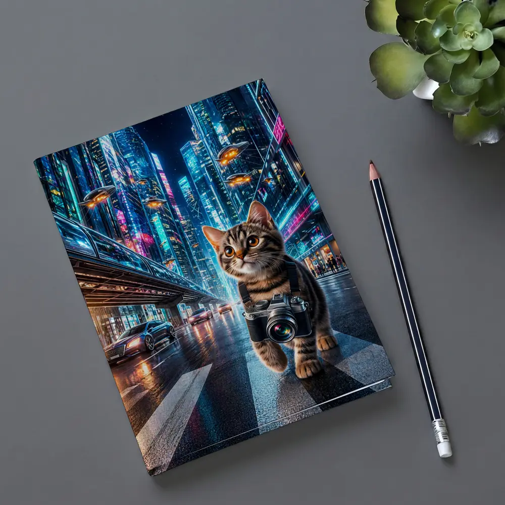 Kitten Photographer Walking Futuristic Neon City – Notebooks