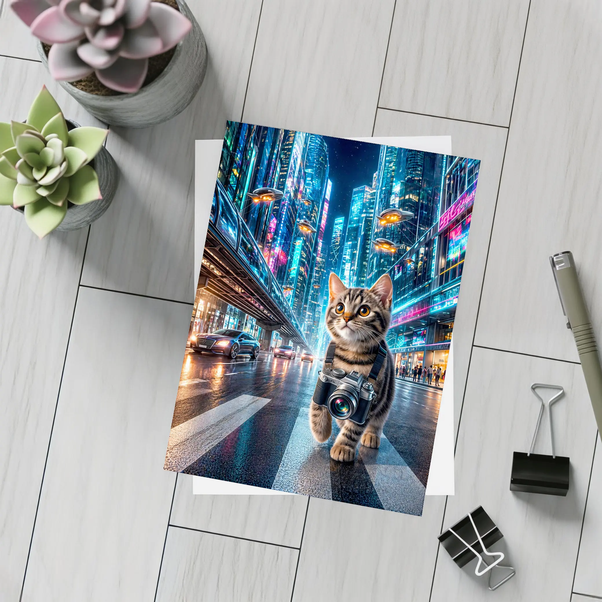 Kitten Photographer Walking Futuristic Neon City – Postcards