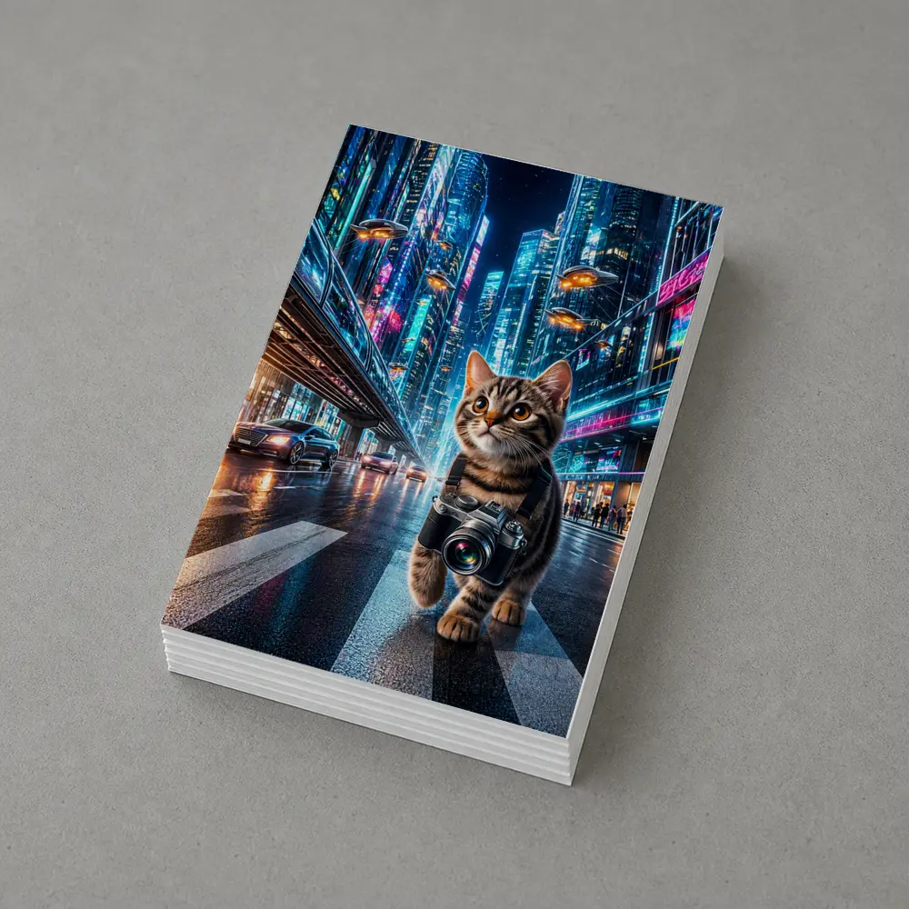 Kitten Photographer Walking Futuristic Neon City – Postcards
