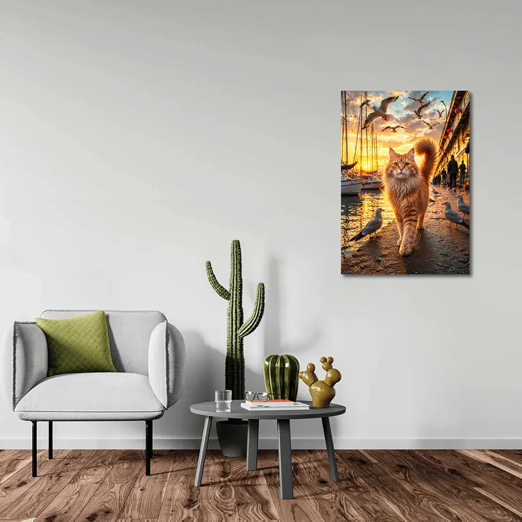 Ginger Cat Walking Harbor Sunset Seagulls – Wall Art