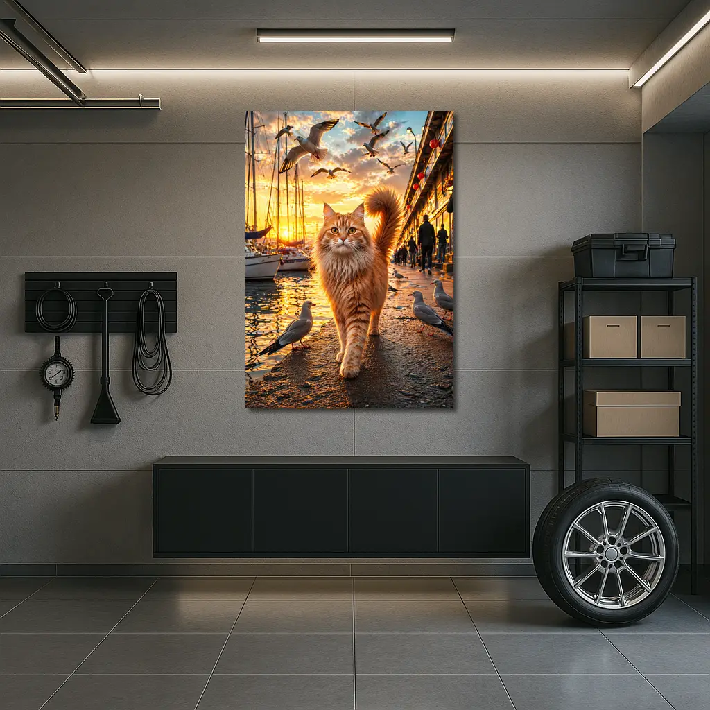 Ginger Cat Walking Harbor Sunset Seagulls – Wall Art
