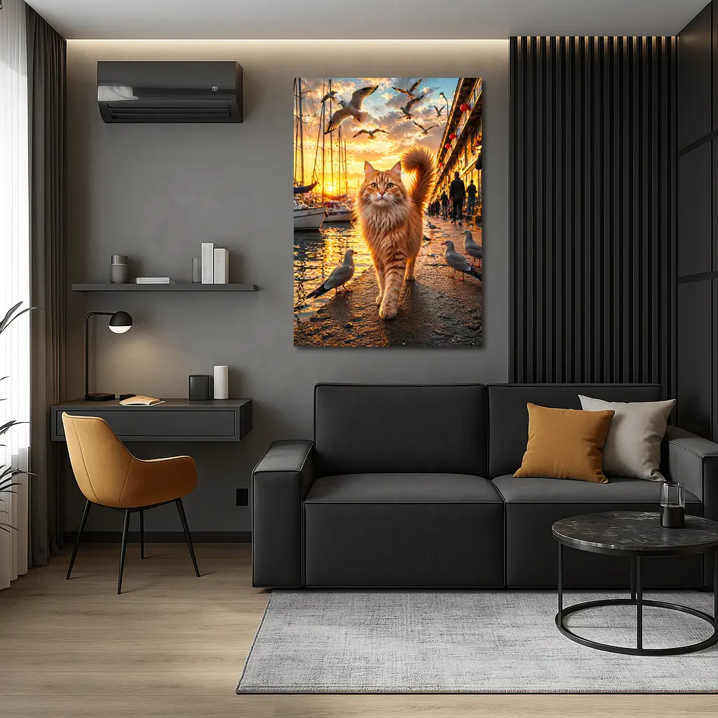 Ginger Cat Walking Harbor Sunset Seagulls – Wall Art
