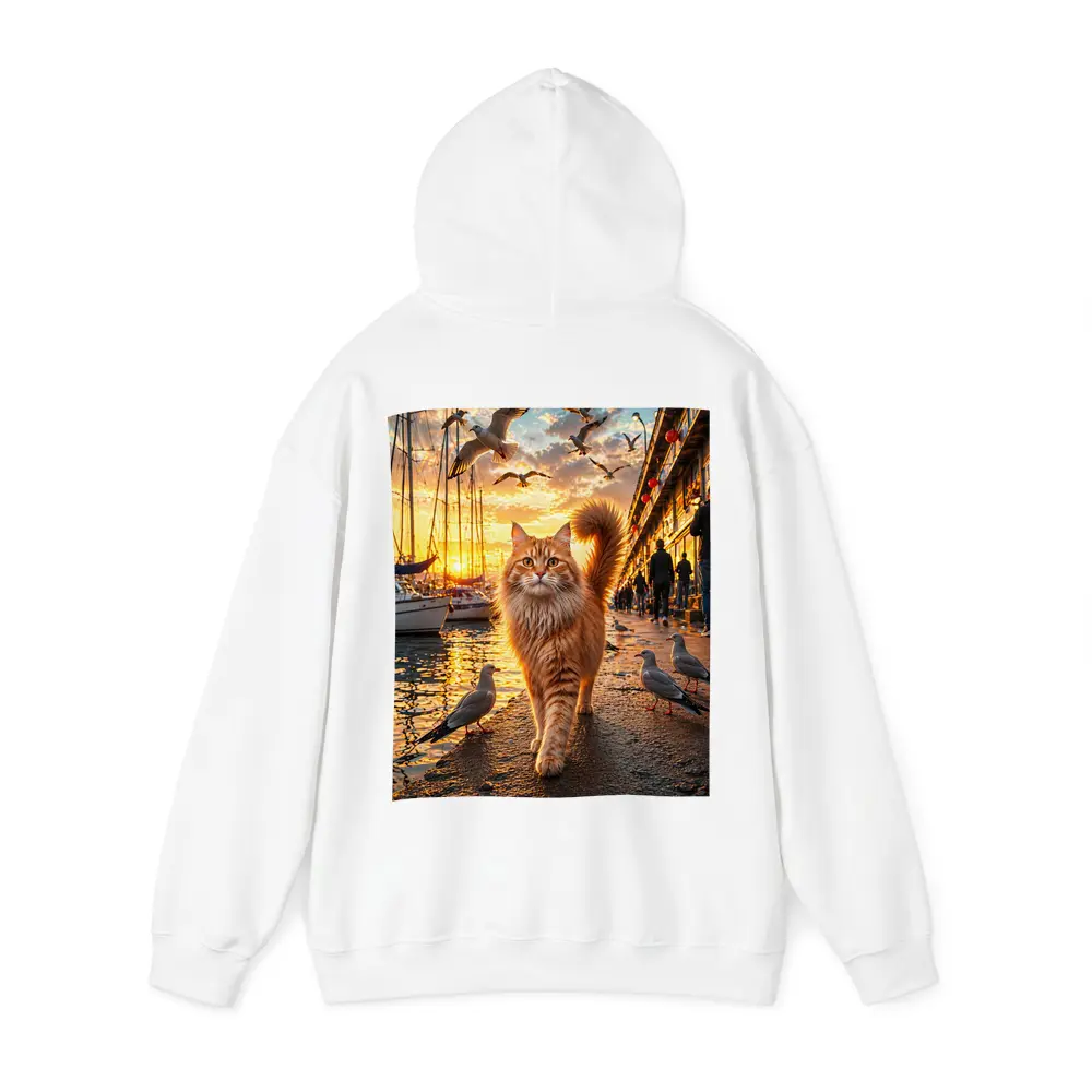 Ginger Cat Walking Harbor Sunset Seagulls – Hoodies