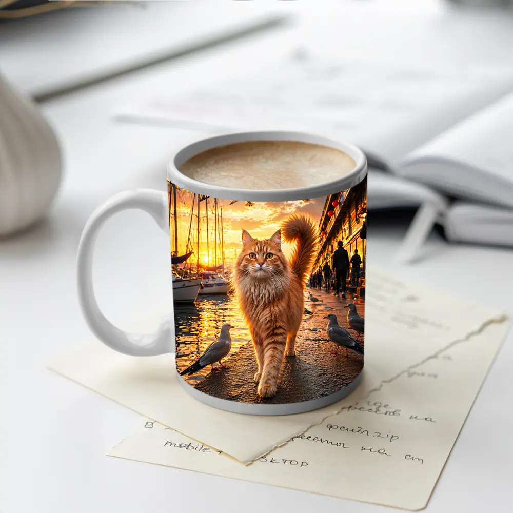 Ginger Cat Walking Harbor Sunset Seagulls – Mugs