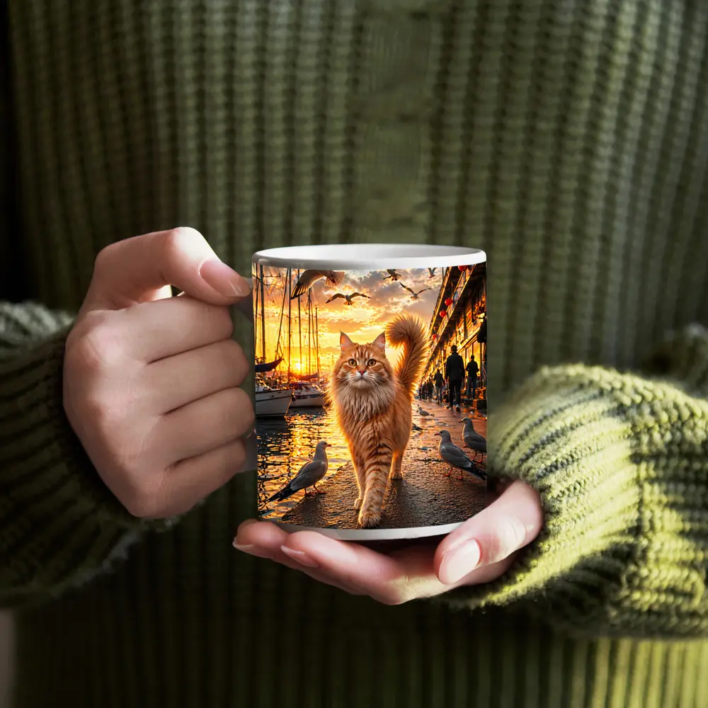 Ginger Cat Walking Harbor Sunset Seagulls – Mugs