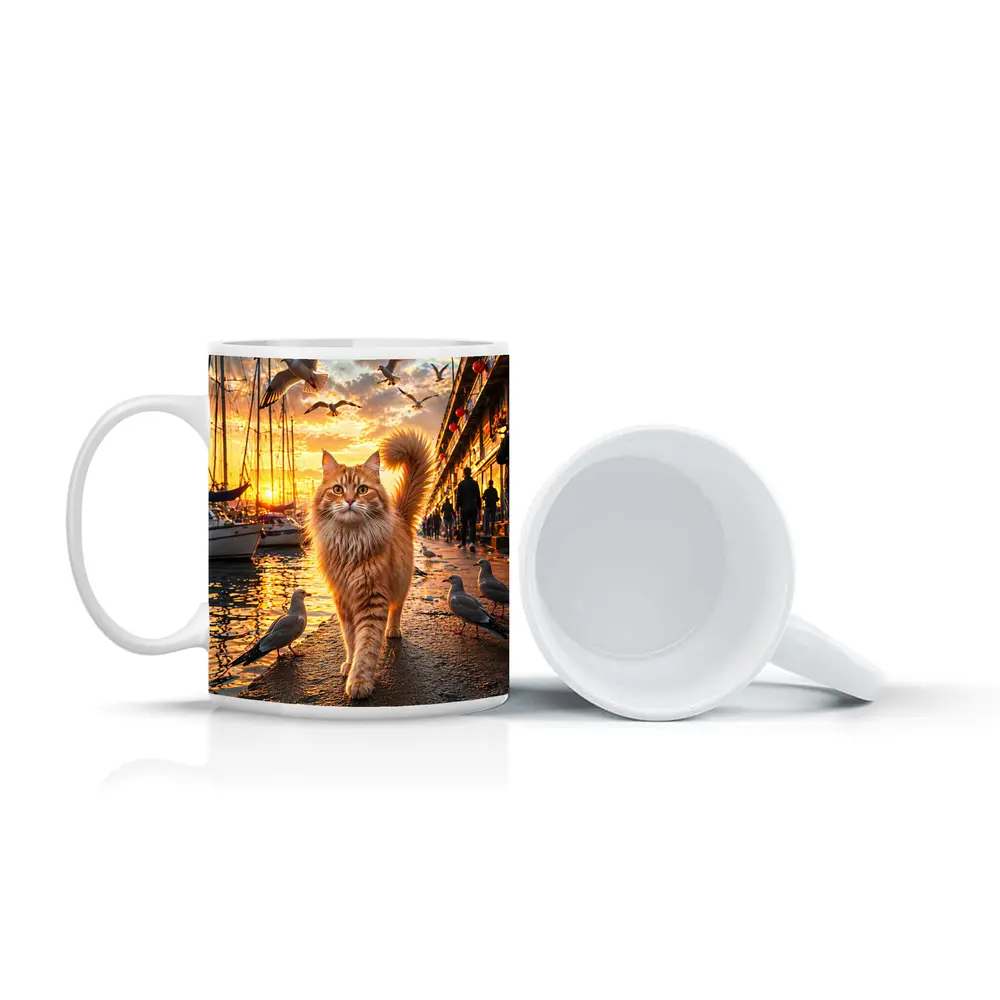 Ginger Cat Walking Harbor Sunset Seagulls – Mugs