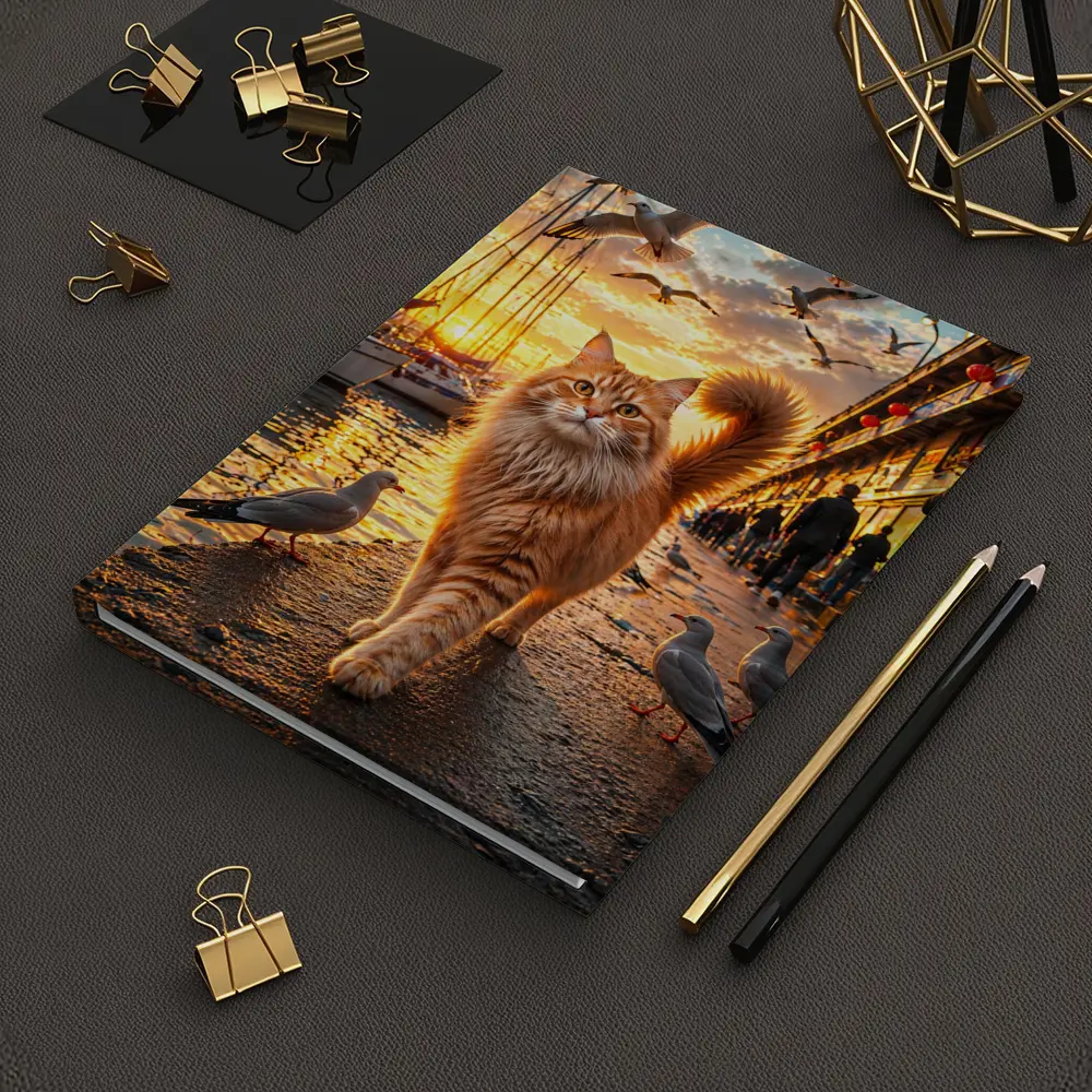 Ginger Cat Walking Harbor Sunset Seagulls – Notebooks