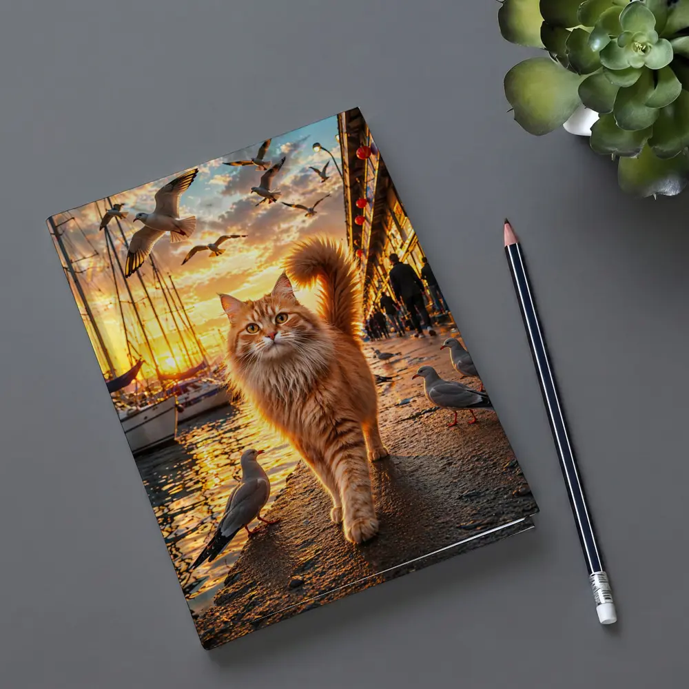 Ginger Cat Walking Harbor Sunset Seagulls – Notebooks