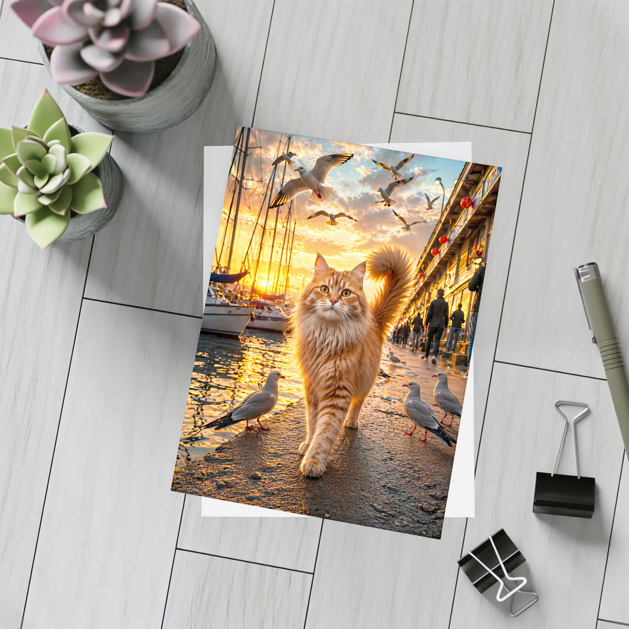 Ginger Cat Walking Harbor Sunset Seagulls – Postcards