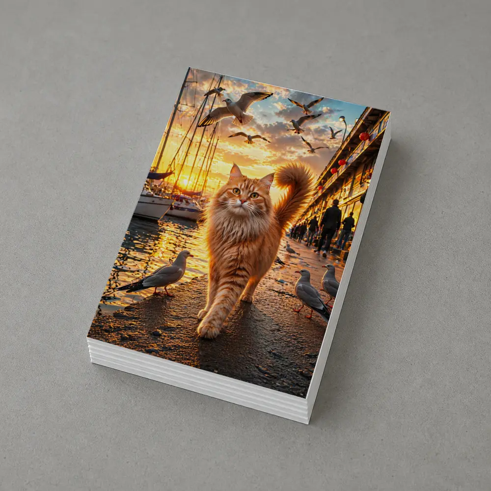 Ginger Cat Walking Harbor Sunset Seagulls – Postcards