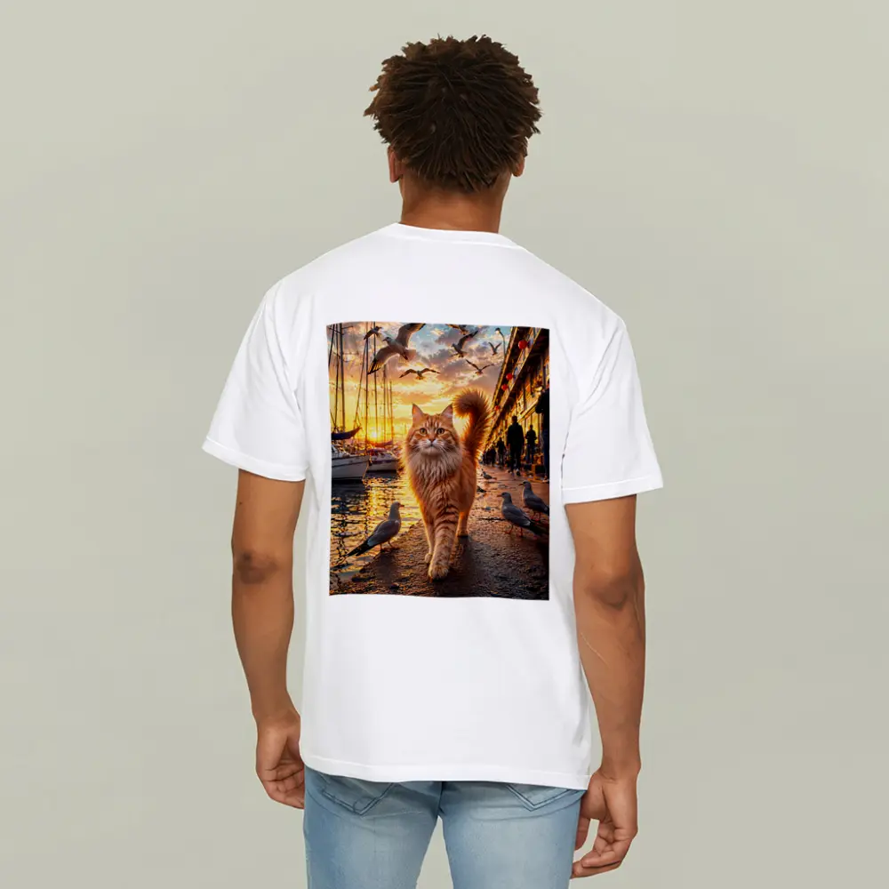 Ginger Cat Walking Harbor Sunset Seagulls – T-Shirts